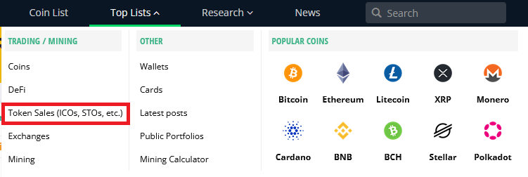 زیر منوی Token Sales (ICOs, STO, etc.)